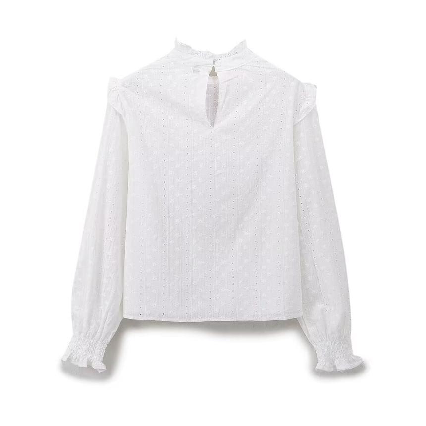 Puff-Sleeve Flower Embroidered Lace Trim Ruffle Blouse Product Image