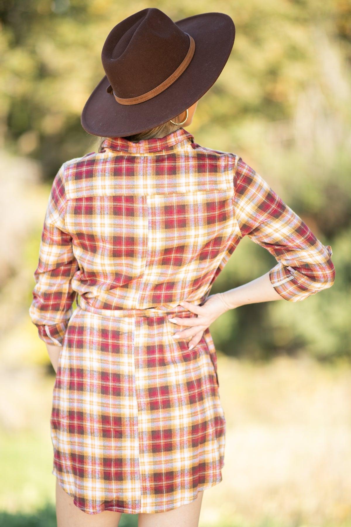 Burgundy and Copper Plaid Shirt Dress Product Image