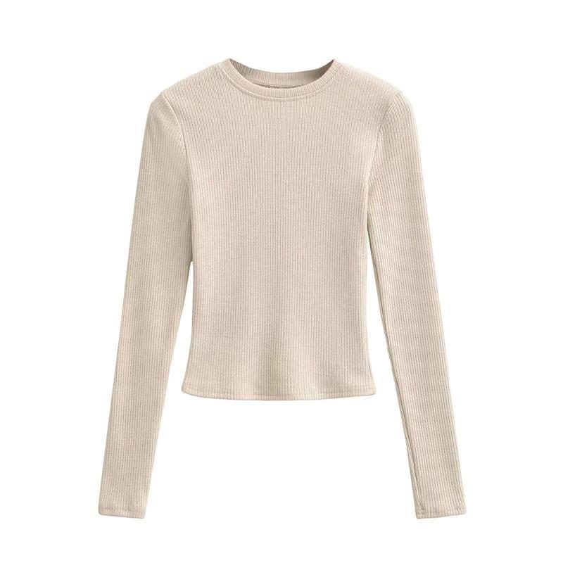 Long Sleeve Round Neck Plain Ribbed Knit Top Product Image