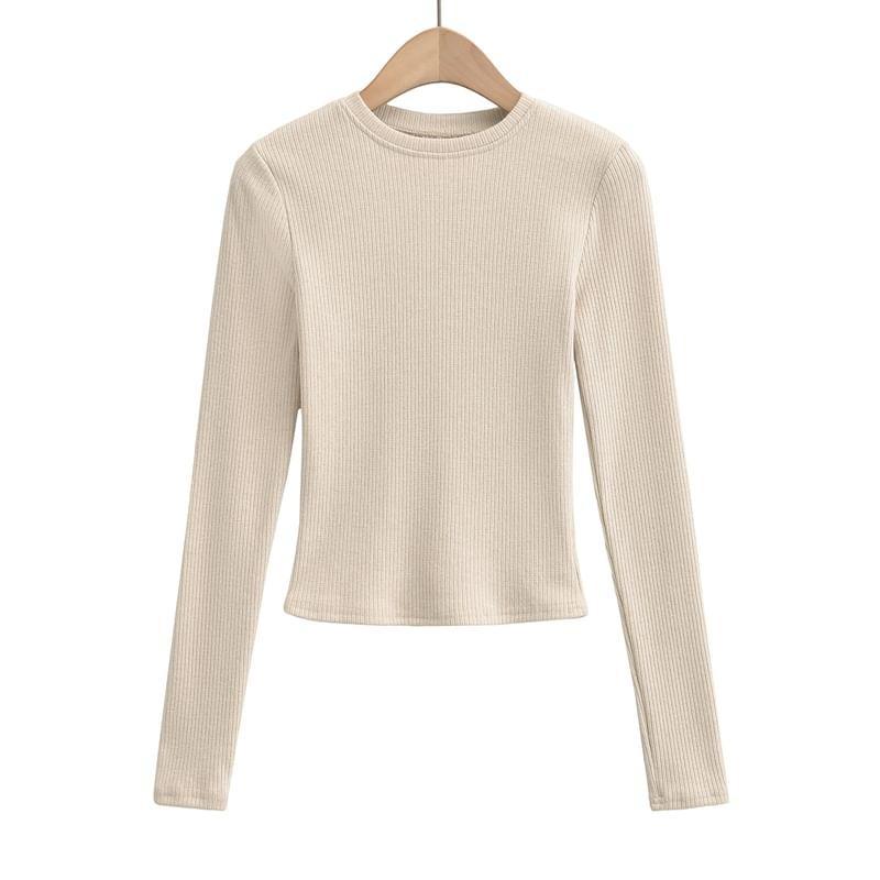 Long Sleeve Round Neck Plain Ribbed Knit Crop Top Product Image