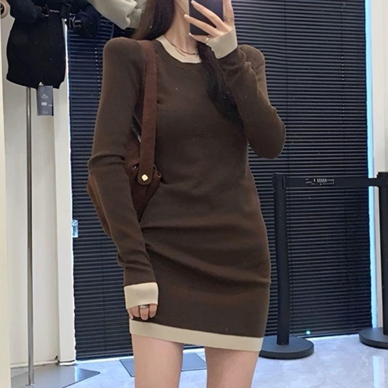 Long-Sleeve Crewneck Two Tone Knit Mini Bodycon Dress Product Image