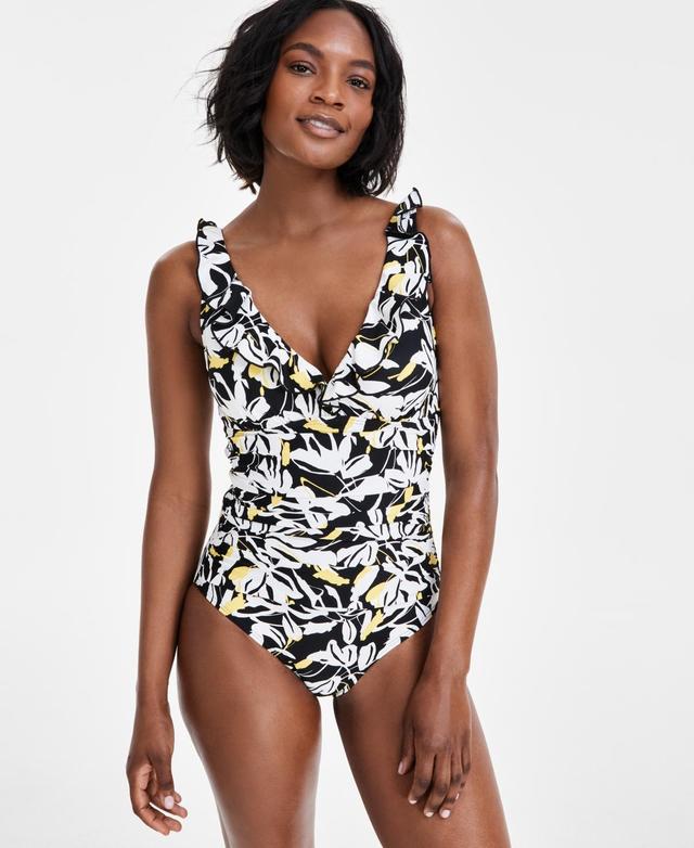 Dkny Womens Ruffle Neck One-Piece Swimsuit Product Image