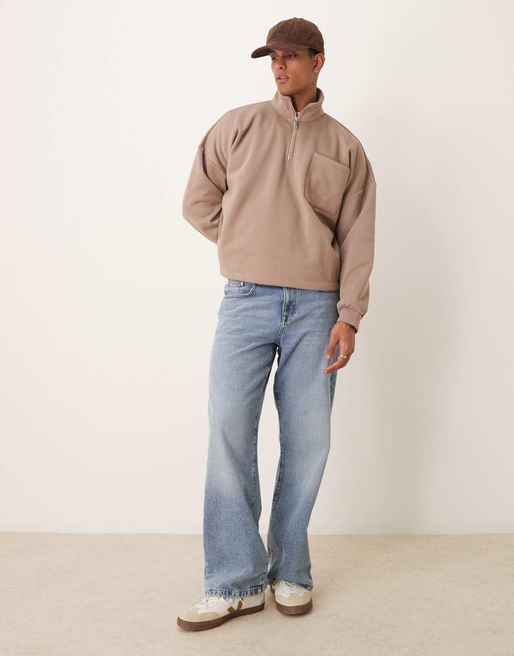 ASOS DESIGN oversized dropped shoulder borg lined funnel neck sweatshirt in brown Product Image