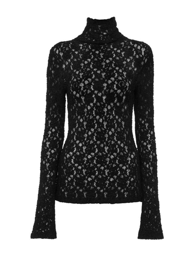 Turtleneck Long-sleeve Smocked Lace Top In Black Product Image