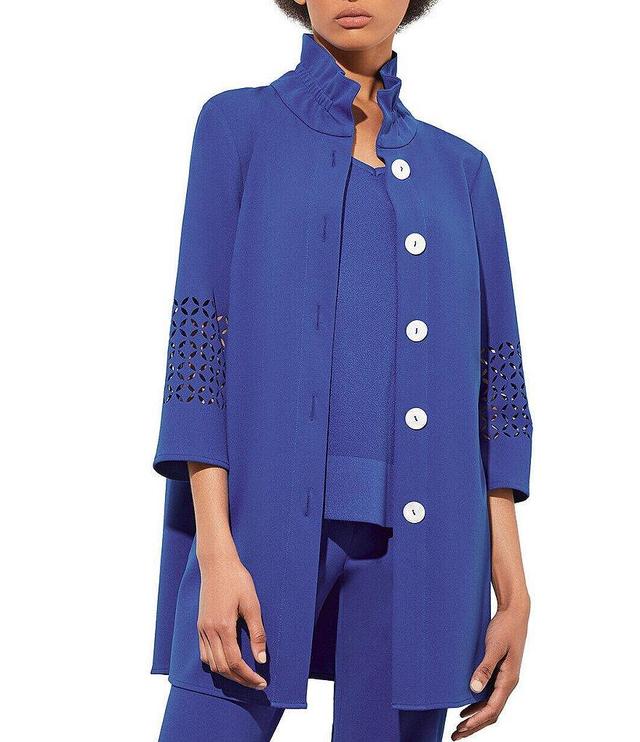 Ming Wang Deco Crepe Woven Stand Ruffle Collar 3/4 Sleeve Button-Front Long Jacket Product Image