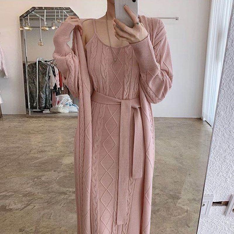 Spaghetti Strap Scoop Neck Plain Cable Knit Slit Maxi Sheath Dress / Long Cardigan / Belt / Set Product Image