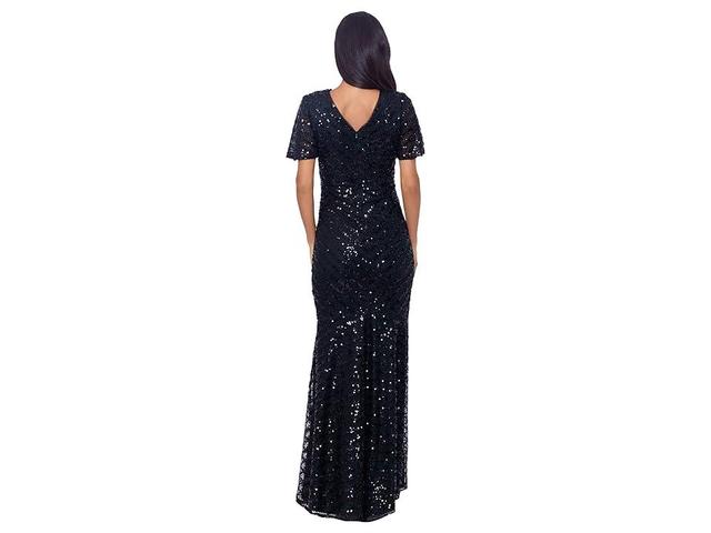 XSCAPE Short Sleeve V-Neck Dress with Sequins (Black/Hunter) Women's Evening Product Image