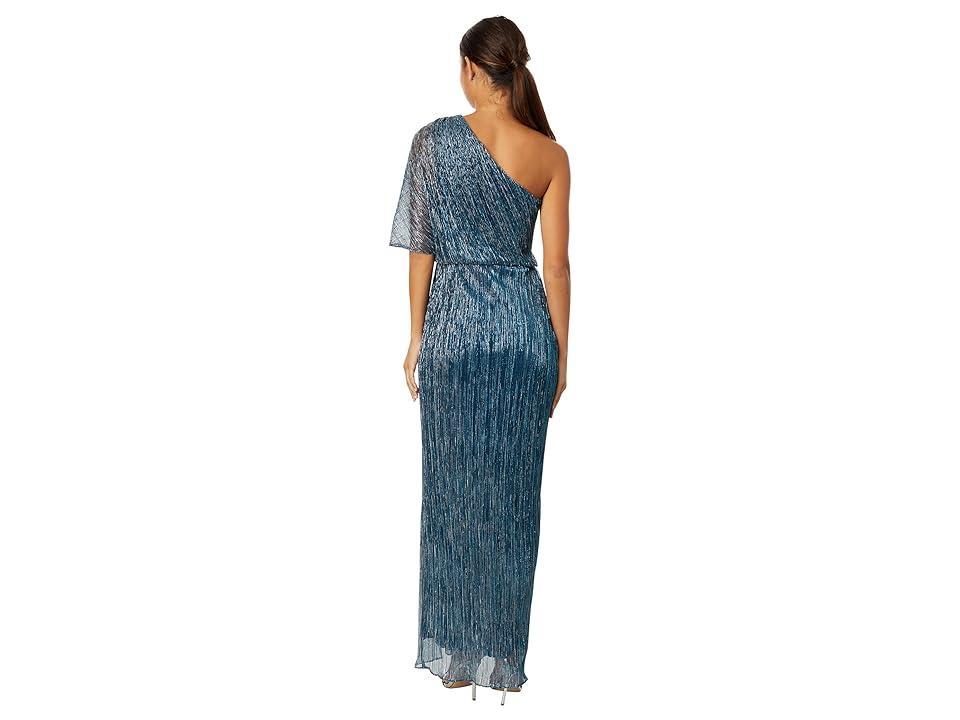 Adrianna Papell Crinkle Metallic Mesh One Shoulder Column Gown (Teal) Women's Dress Product Image