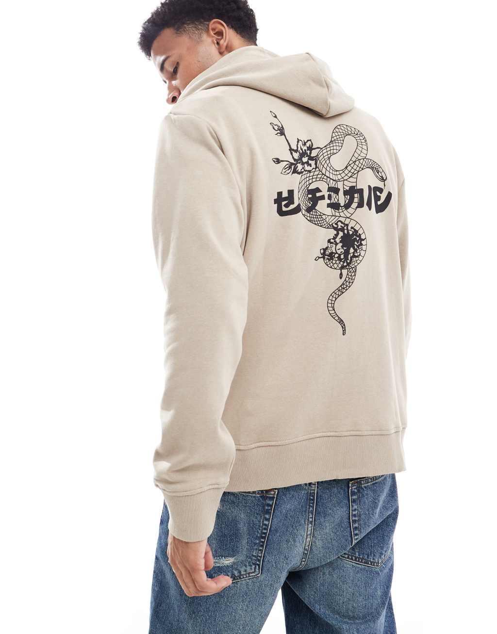 Jack & Jones oversized snake back print hoodie in beige  Product Image