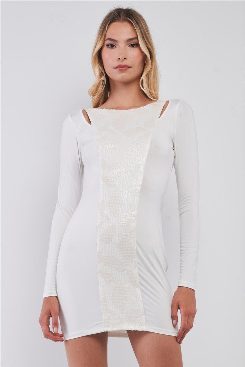 White Sequined Center Front Detail Long Sleeve Mini Dress product image