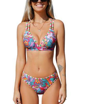 Womens Boho Wavy Striped Strappy V-Neck Top & Cutout Bikini Set Product Image