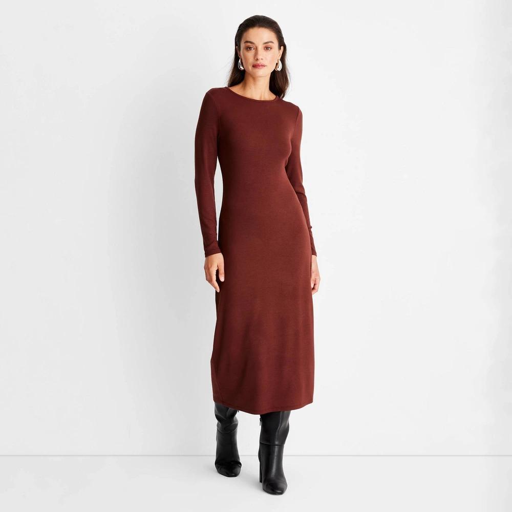 Womens Long Sleeve Ribbed Midi Bodycon Dress - A New Day Brown XS Product Image