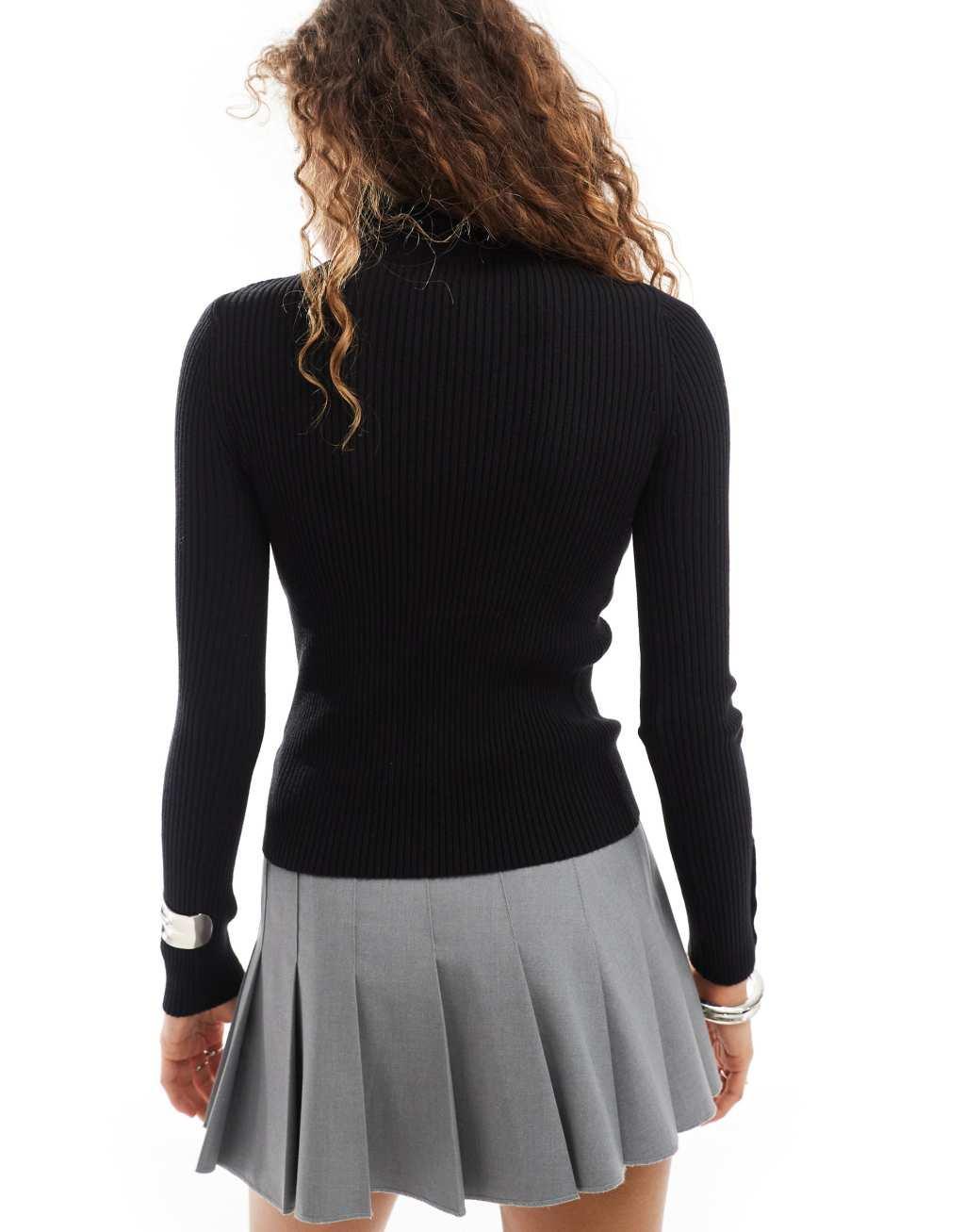 Urban Revivo button detail high neck ribbed funnel neck sweater in black product image