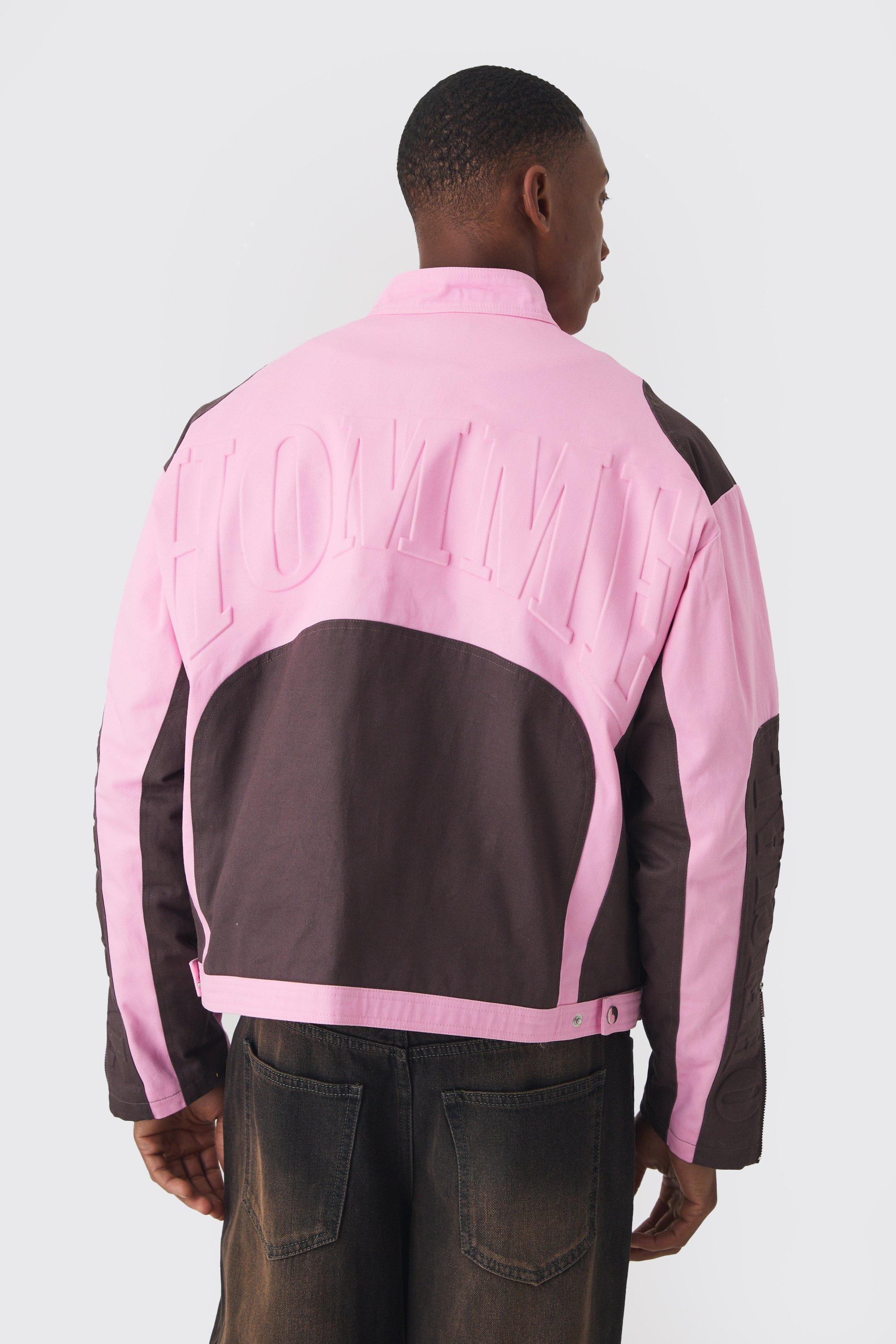 Boxy Twill Homme Moto Jacket In Pink | boohooMAN USA Product Image