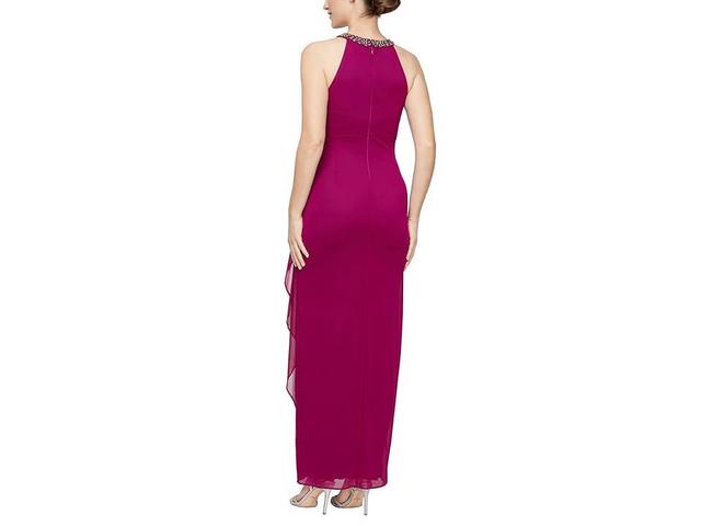 Alex Evenings Beaded Halter Long Gown with Side Ruching (Fuchsia) Women's Dress Product Image