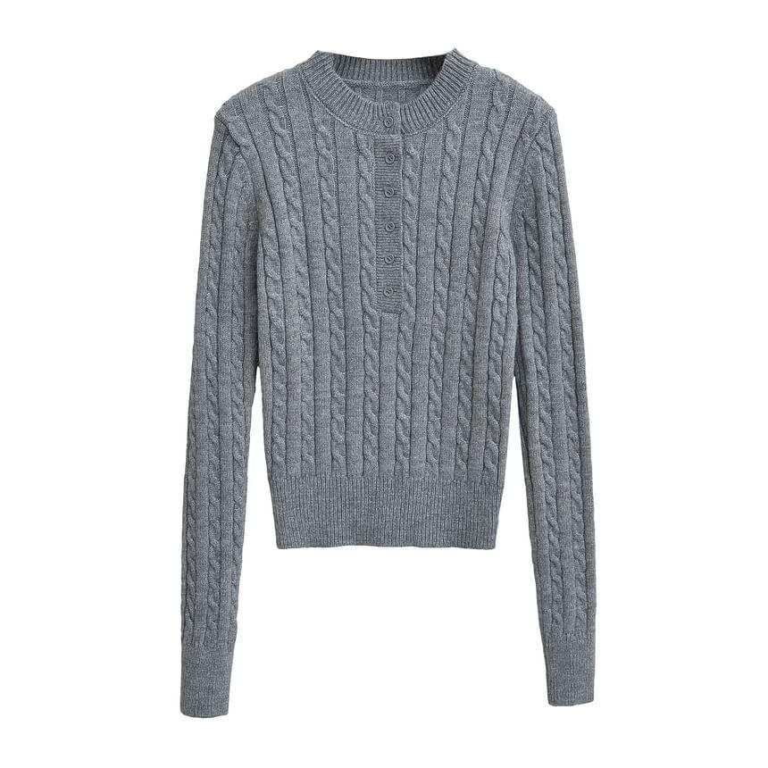 Long-Sleeve Plain Henley Cable Knit Top Product Image