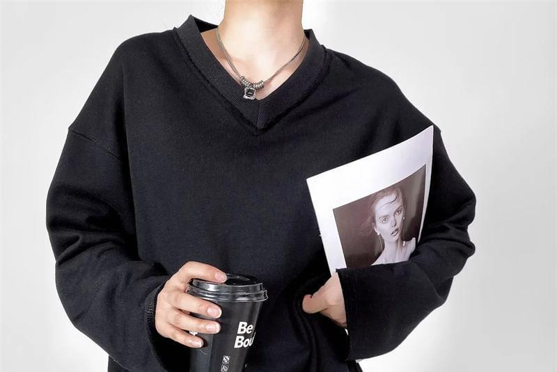 V-Neck Plain Sweatshirt Product Image