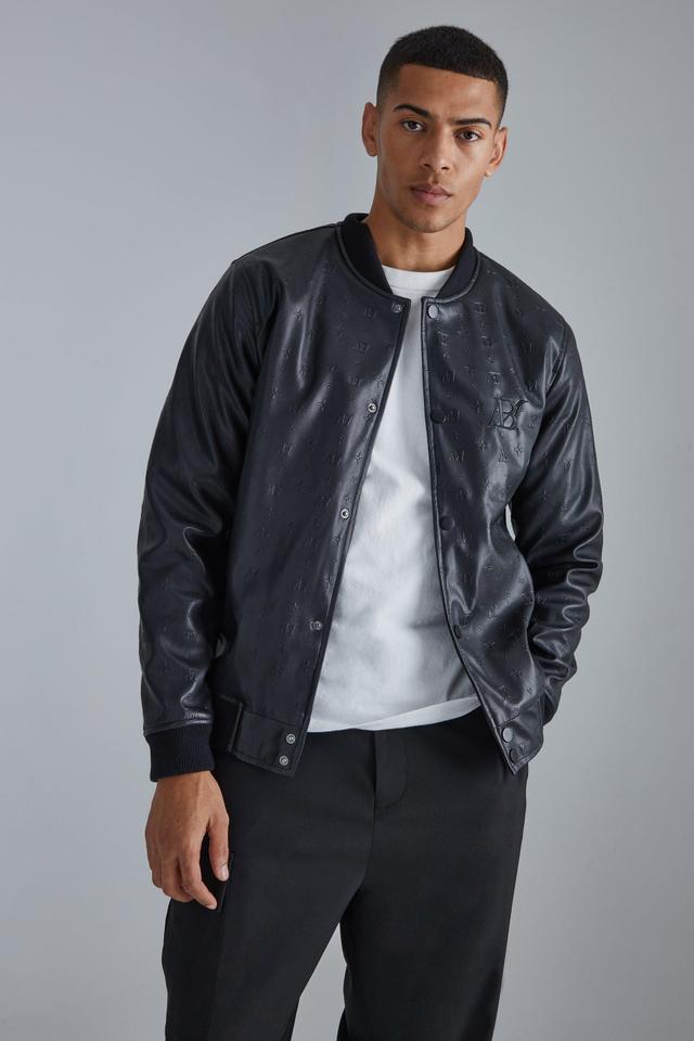 Embossed Pu Varsity Jacket With Badge | boohooMAN USA Product Image