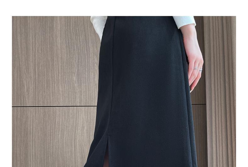 High Waist Plain Slit Midi A-Line Skirt Product Image