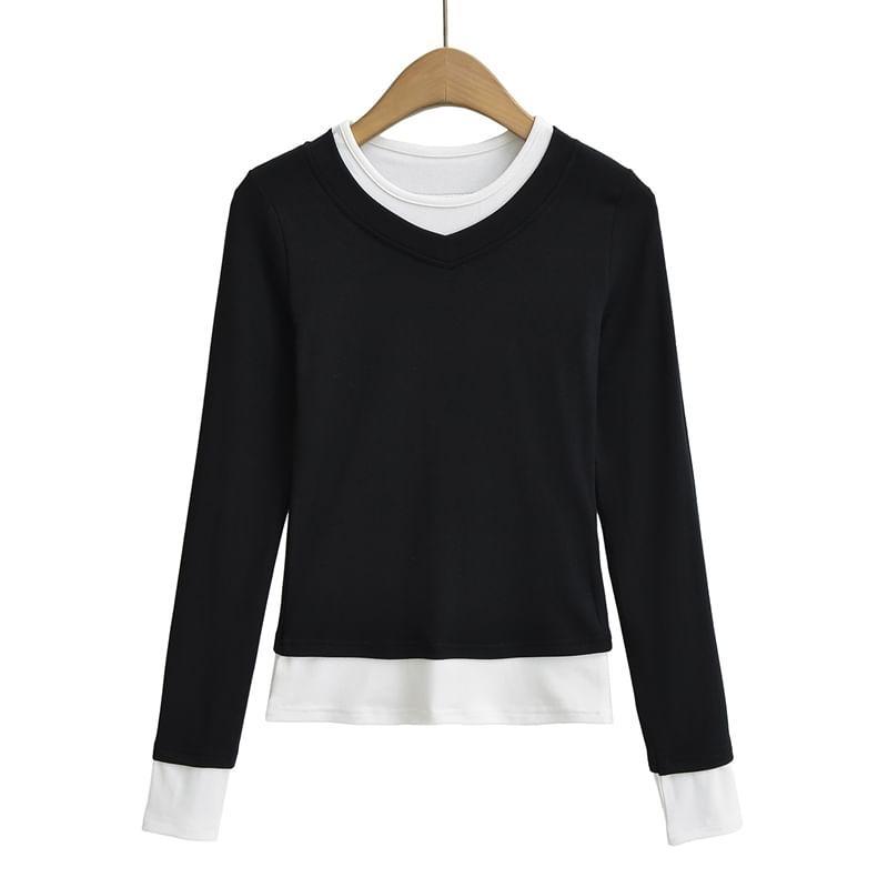 Long Sleeve Crew Neck Mock Two Piece Crop Tee Product Image