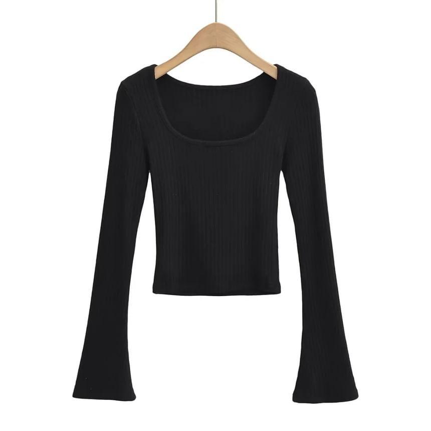 Flare-Sleeve Square Neck Plain Knit Top Product Image