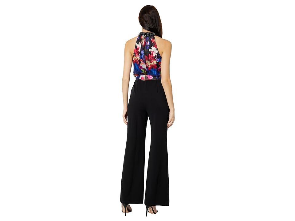 Adrianna Papell Mock Neck Printed Floral Halter Jumpsuit with Solid Black Bottom Multi) Women's Jumpsuit & Rompers One Piece Product Image