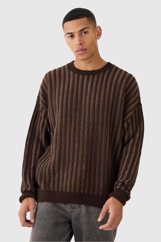 Mens Brown Oversized Crew Neck Two Tone Rib Knitted Jumper, Brown Product Image