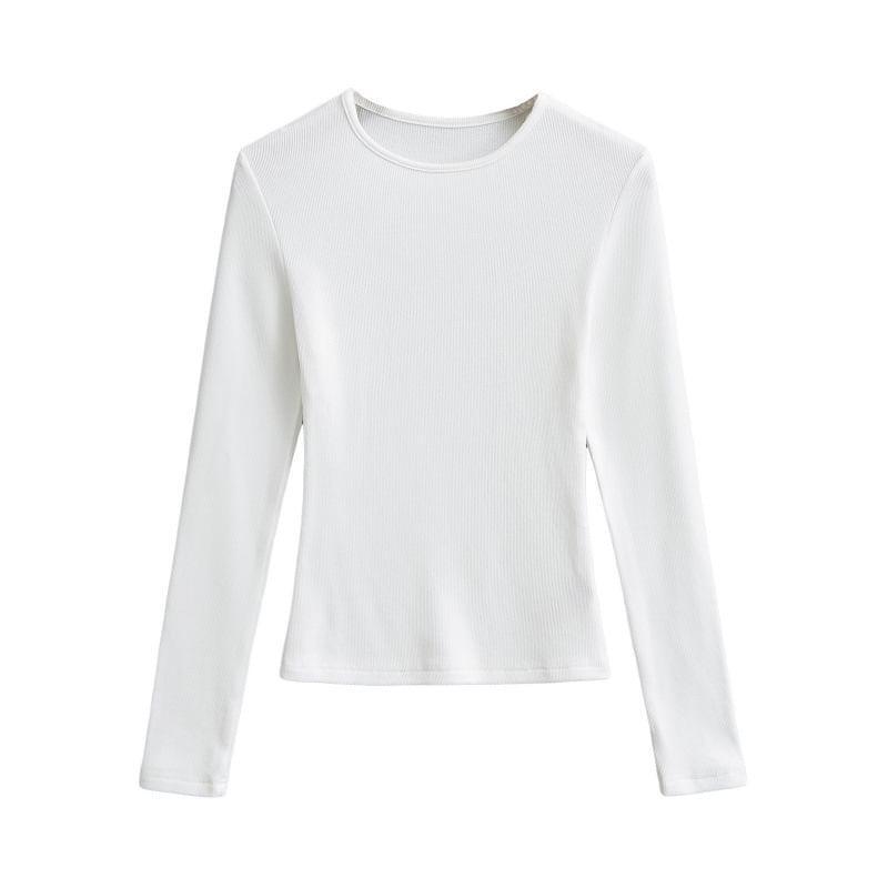 Long Sleeve Crew Neck Plain Slim Fit T-Shirt Product Image