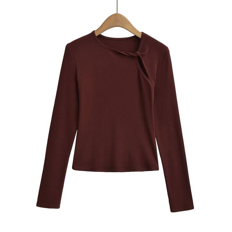 Long Sleeve Crew Neck Plain Twist Crop T-Shirt Product Image