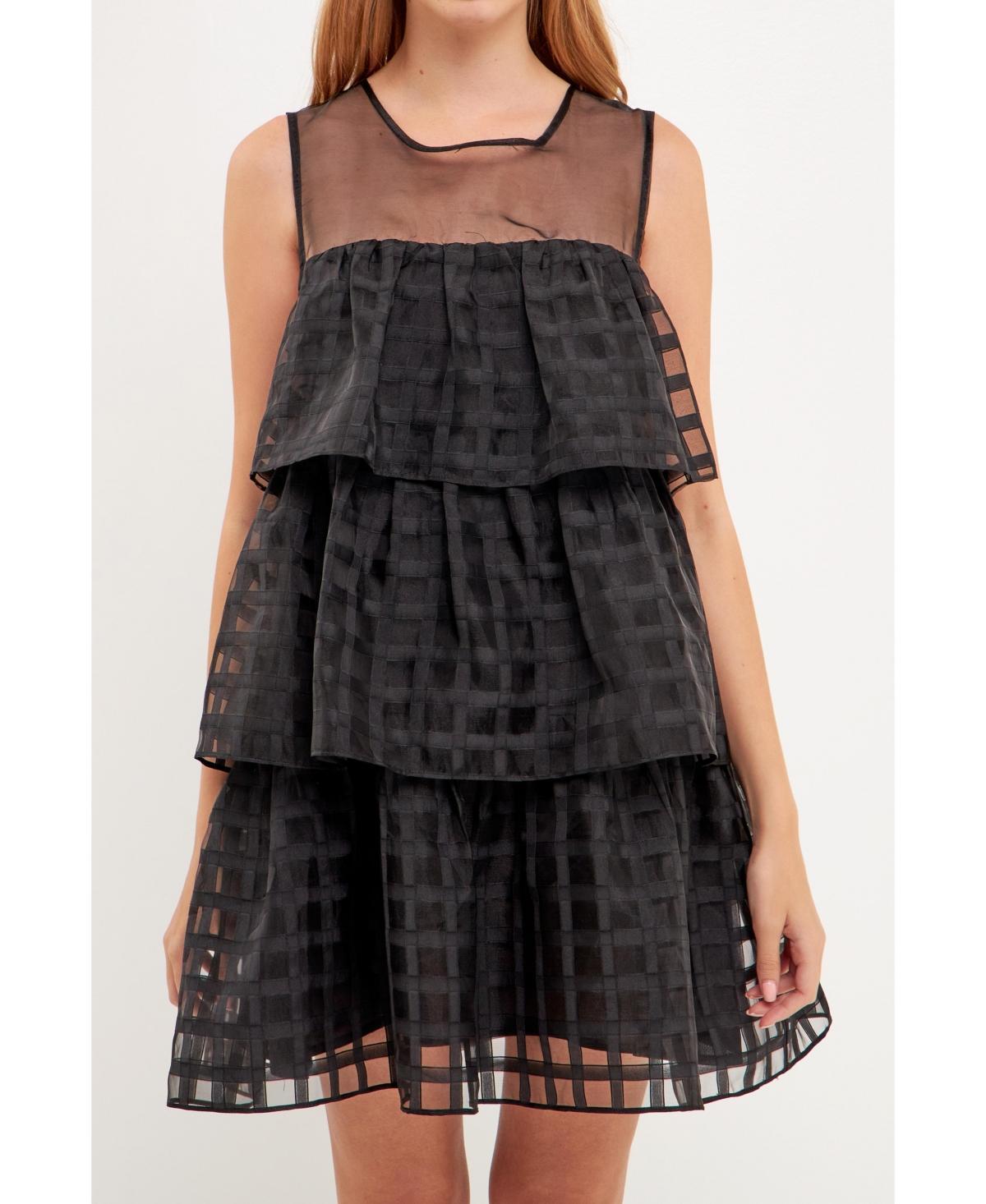 English Factory Organza Gridded Tiered Sleeveless Mini (Black) Women's Dress Product Image