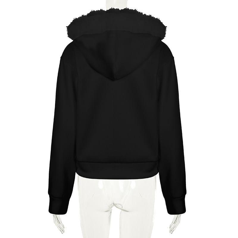 Patterned Print Fluffy Trim Zip Hoodie Product Image