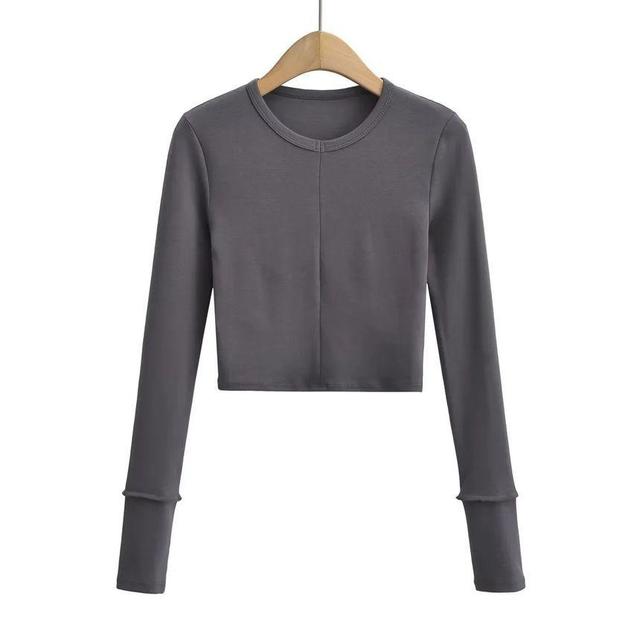 Long-Sleeve Round Neck Plain Crop Tee Product Image