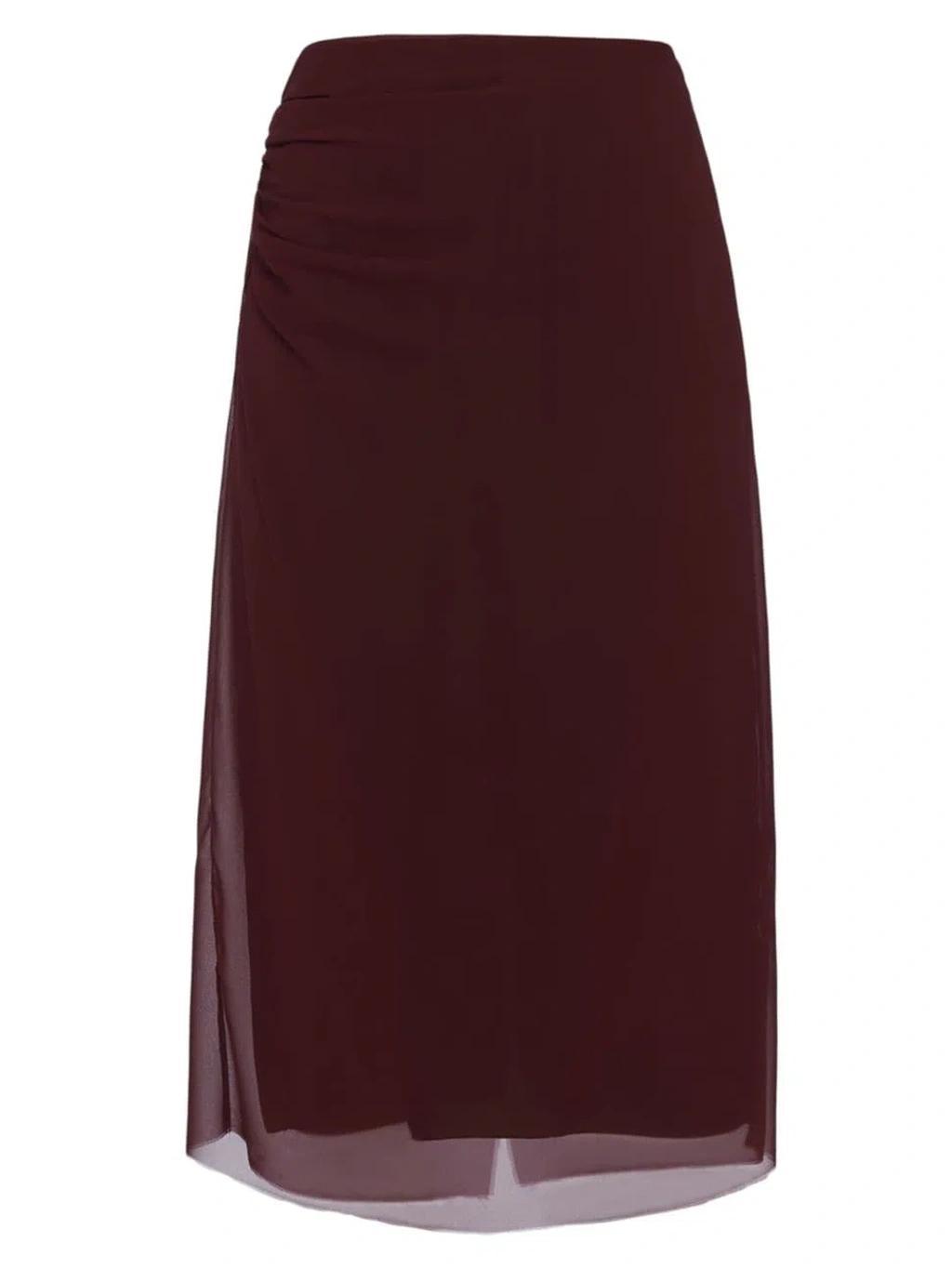 Sheer Overlay Midi Length Skirt With Ruched Detailing In Dark Red Product Image