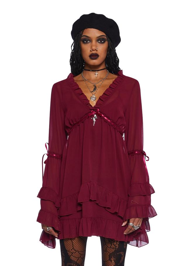 Widow Chiffon Mini Dress With Bell Sleeves And Cross Charm - Dark Red Product Image