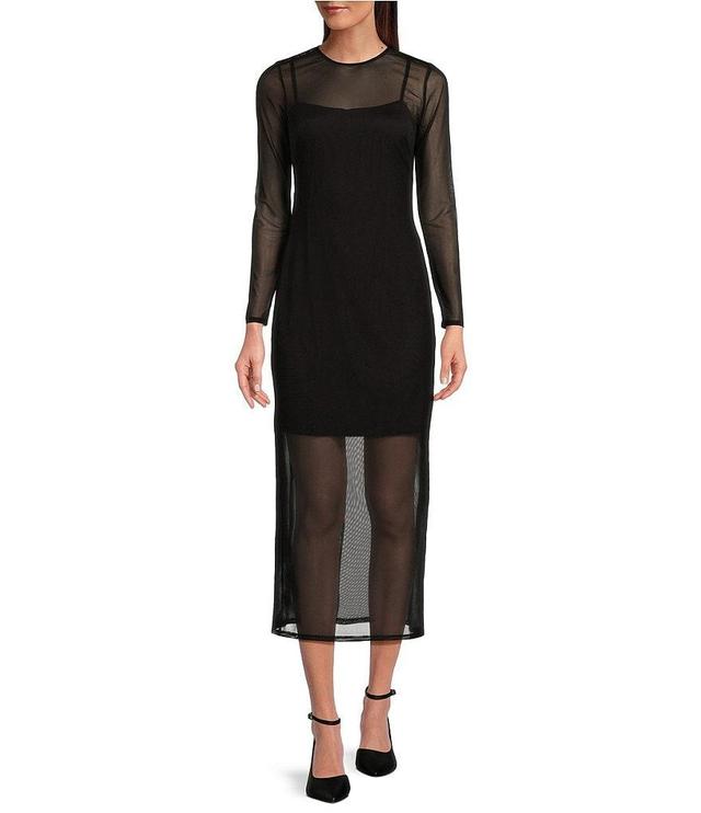 Donna Morgan Mesh Crew Neck Long Sleeve Mini Slip Midi Dress Product Image