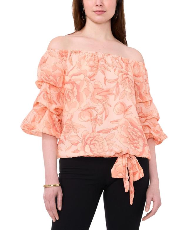 Women's Off The Shoulder Bubble Sleeve Tie Front Top Product Image