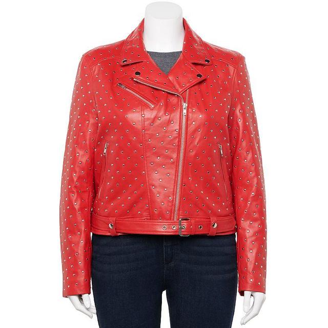 Plus Size Whet Blu Claudia Studded Leather Jacket, Womens Red Red Product Image