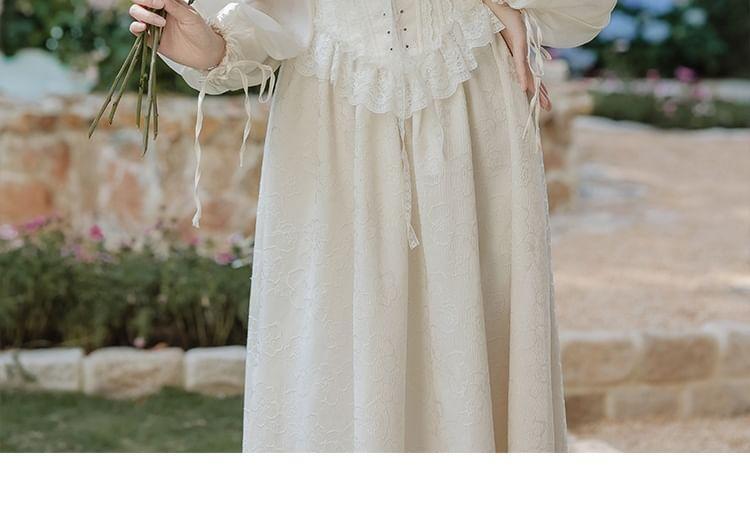 Long Sleeve Scoop Neck Ruffle Trim Midi A-Line Dress / Veil / Set Product Image