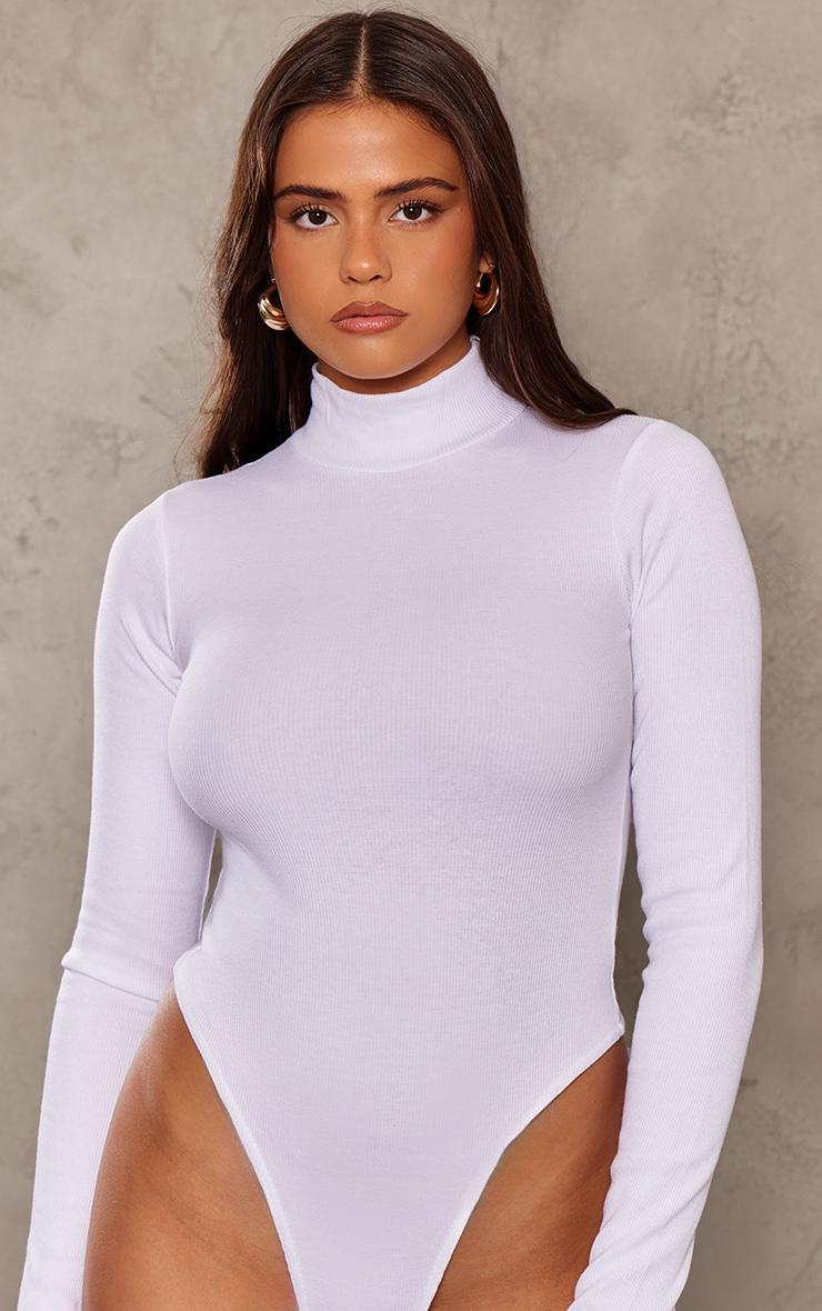  White Basic Soft Ribbed High Neck Long Sleeve Bodysuit Product Image