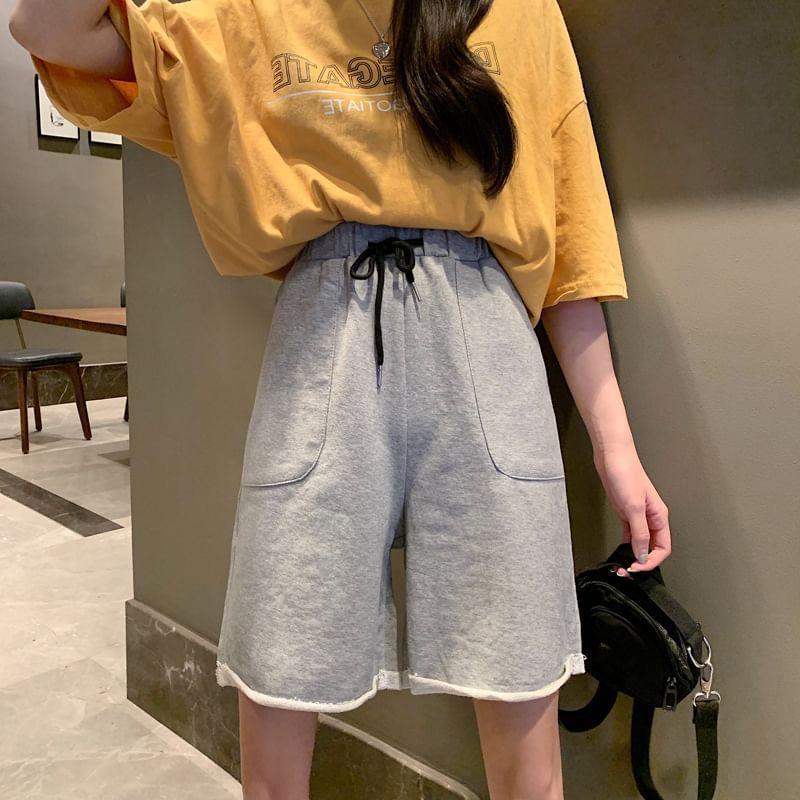 High Waist Plain Wide Leg Sweat Shorts Product Image