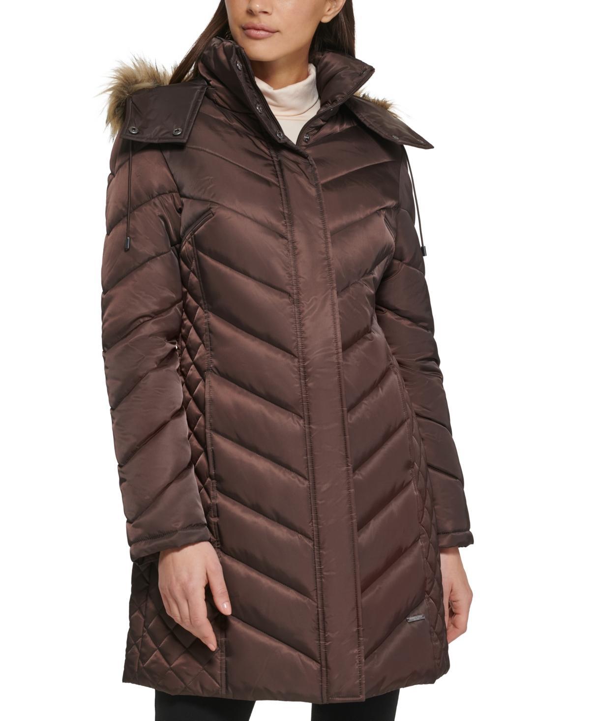 Kenneth Cole Womens Faux-Fur-Trim Hooded Puffer Coat Product Image