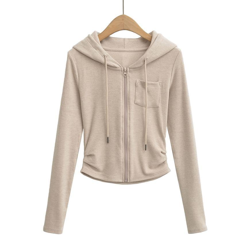 Plain Ruched Zip-Up Crop Hoodie Product Image