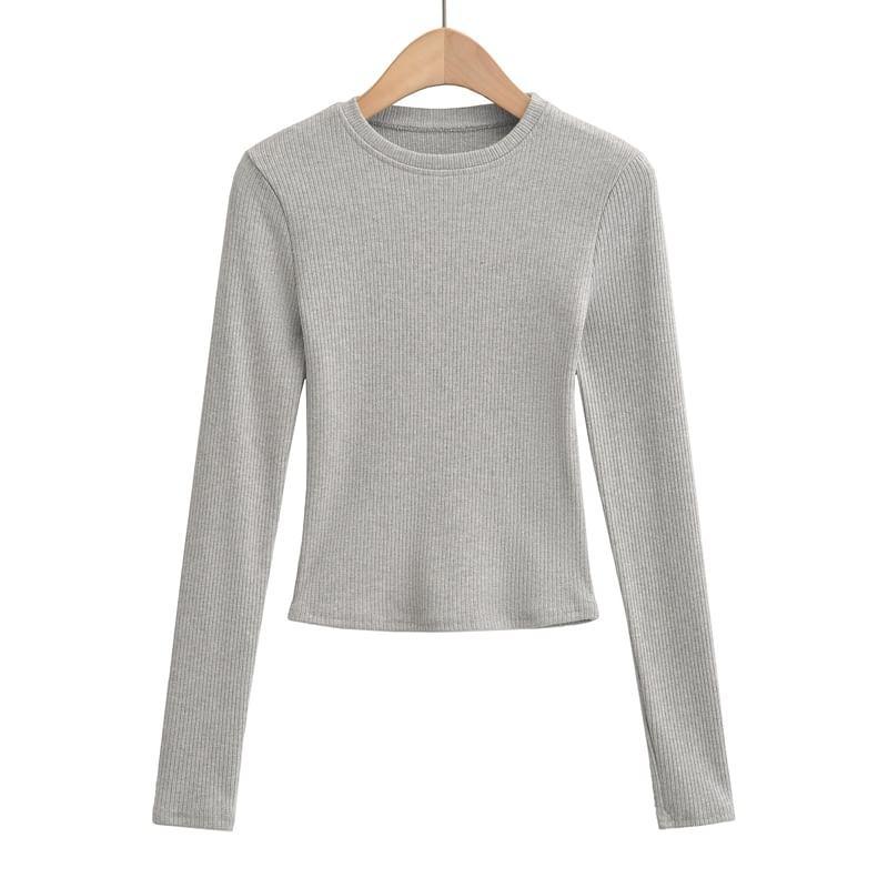 Long Sleeve Round Neck Plain Ribbed Knit Crop Top Product Image