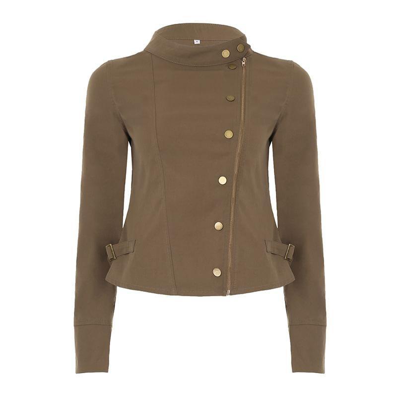 Long Sleeve Stand Collar Plain Zip-Up Cargo Jacket Product Image