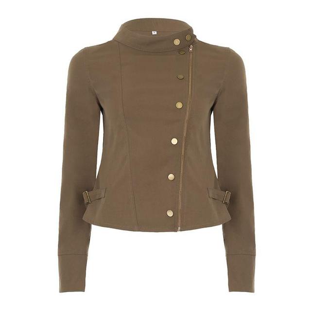 Long Sleeve Stand Collar Plain Zip-Up Cargo Jacket Product Image