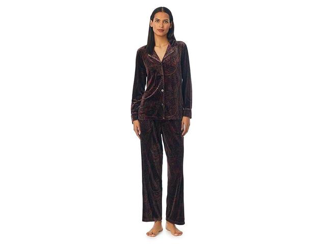 Lauren Ralph Lauren Long Sleeve Velvet Notch Collar Long PJ Set (Wine Print) Women's Pajama Sets Product Image