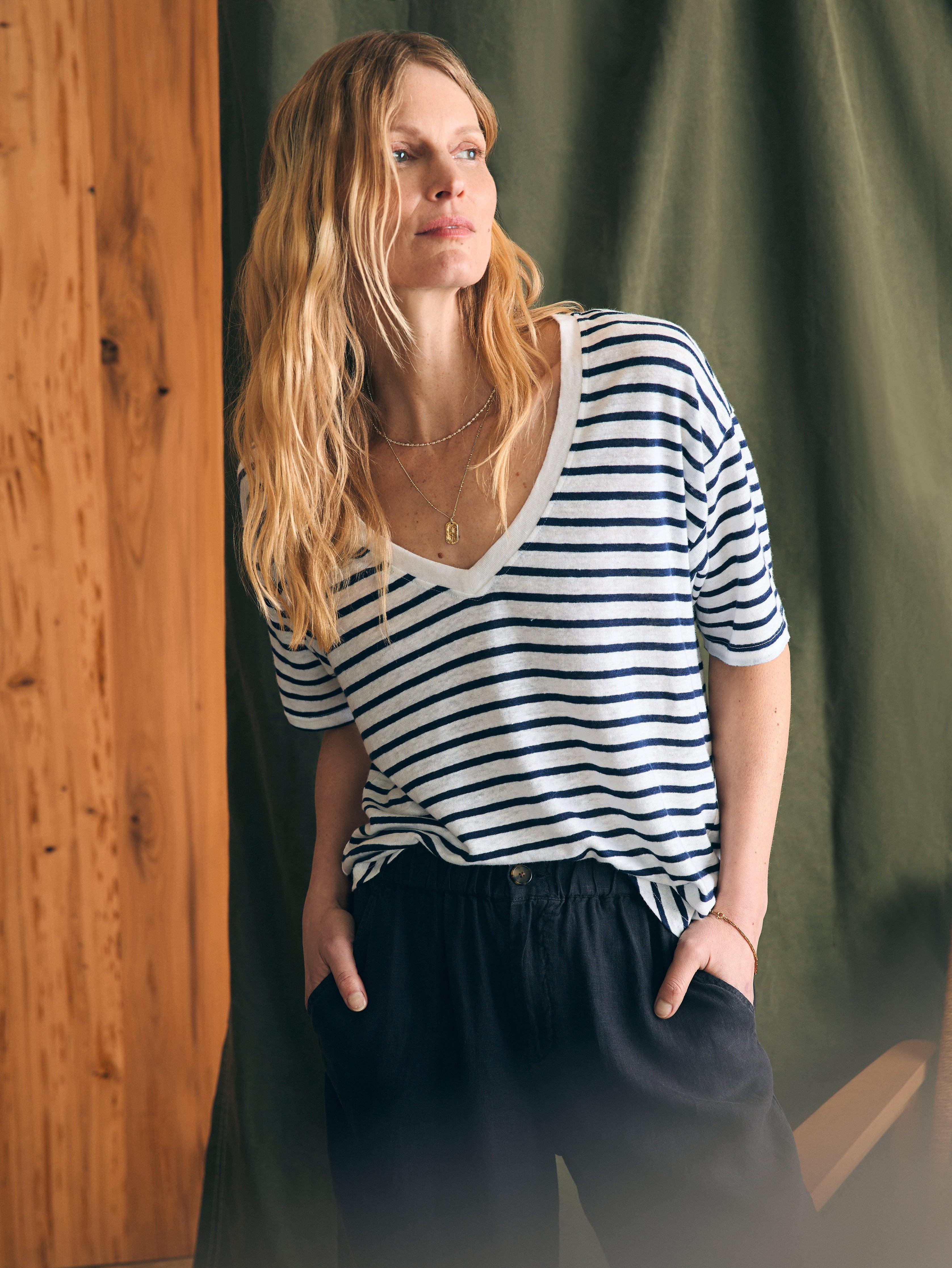 Oceanside Linen V-Neck Tee - Ahoy Stripe Female product image