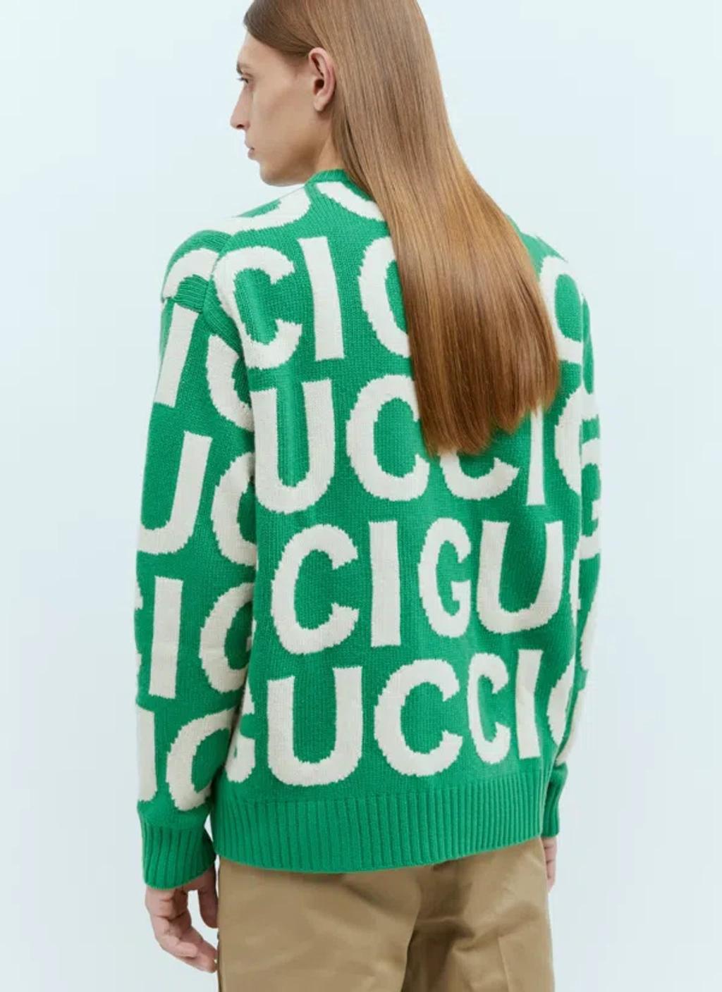 GUCCI Wool Sweater With Intarsia In Green,ivory Product Image