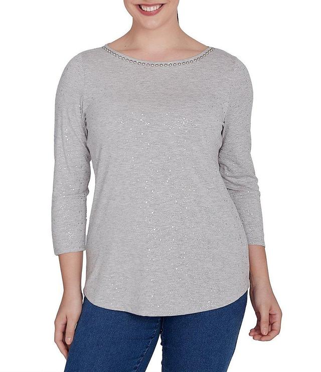 Ruby Rd. Boat Neck 3/4 Sleeve Embellished Glitter Knit Top Product Image