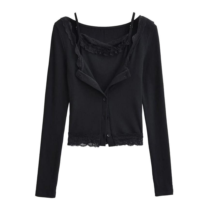 Set: Lace Trim Cami Top + Button-Up Cardigan Product Image